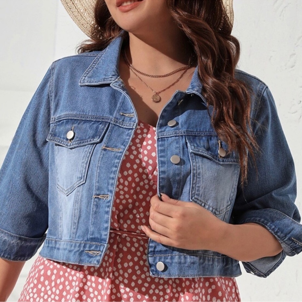 Plus Medium Wash Button 3/4 Sleeve Denim Cropped Jean Jacket 1X 2X 3X 4X